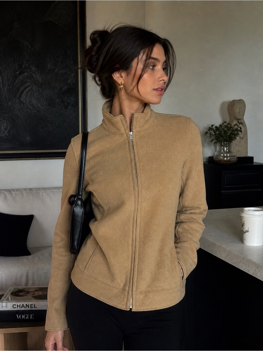 Harvé Benard Wool Blend Zip Jacket Petite 6P Beige Minimalist